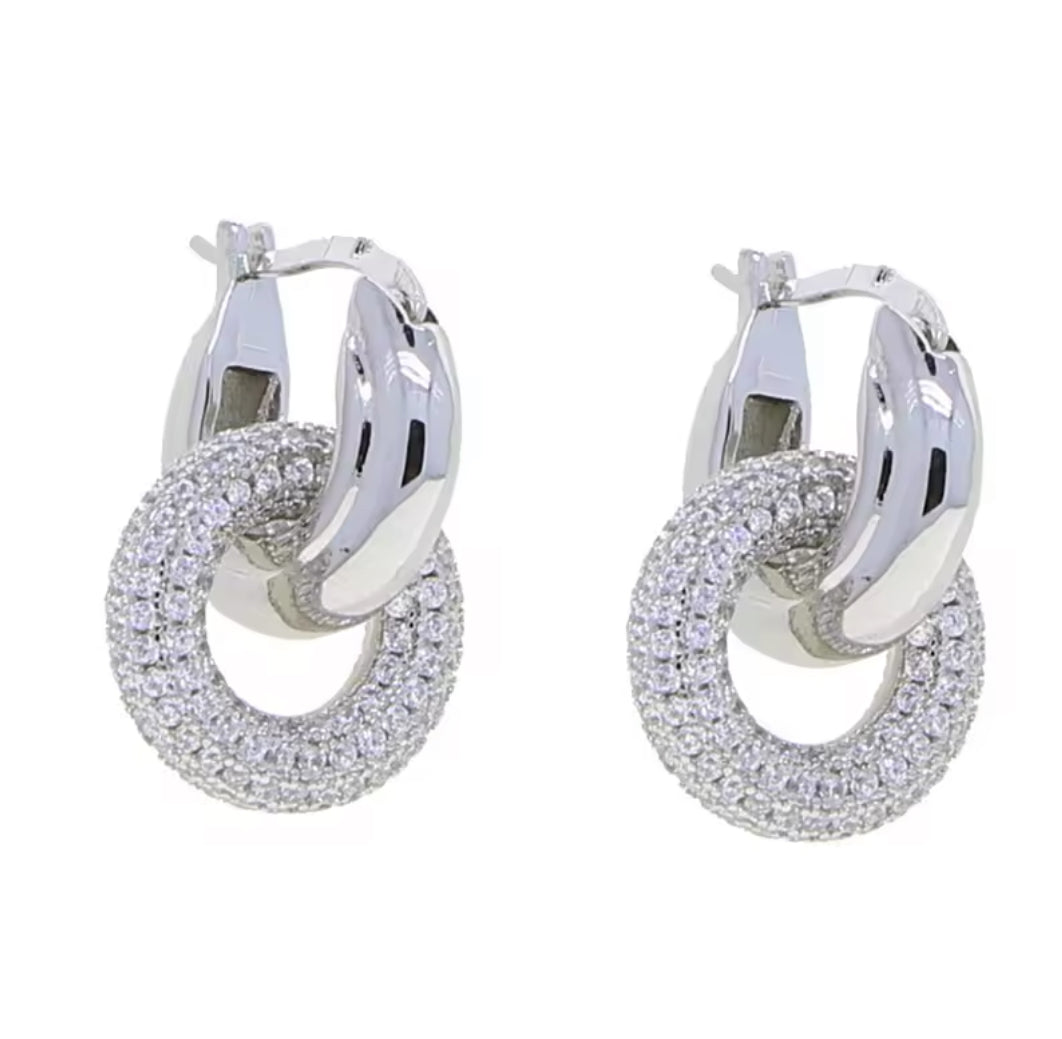 Iced Double Hoop Earrings - SILVER